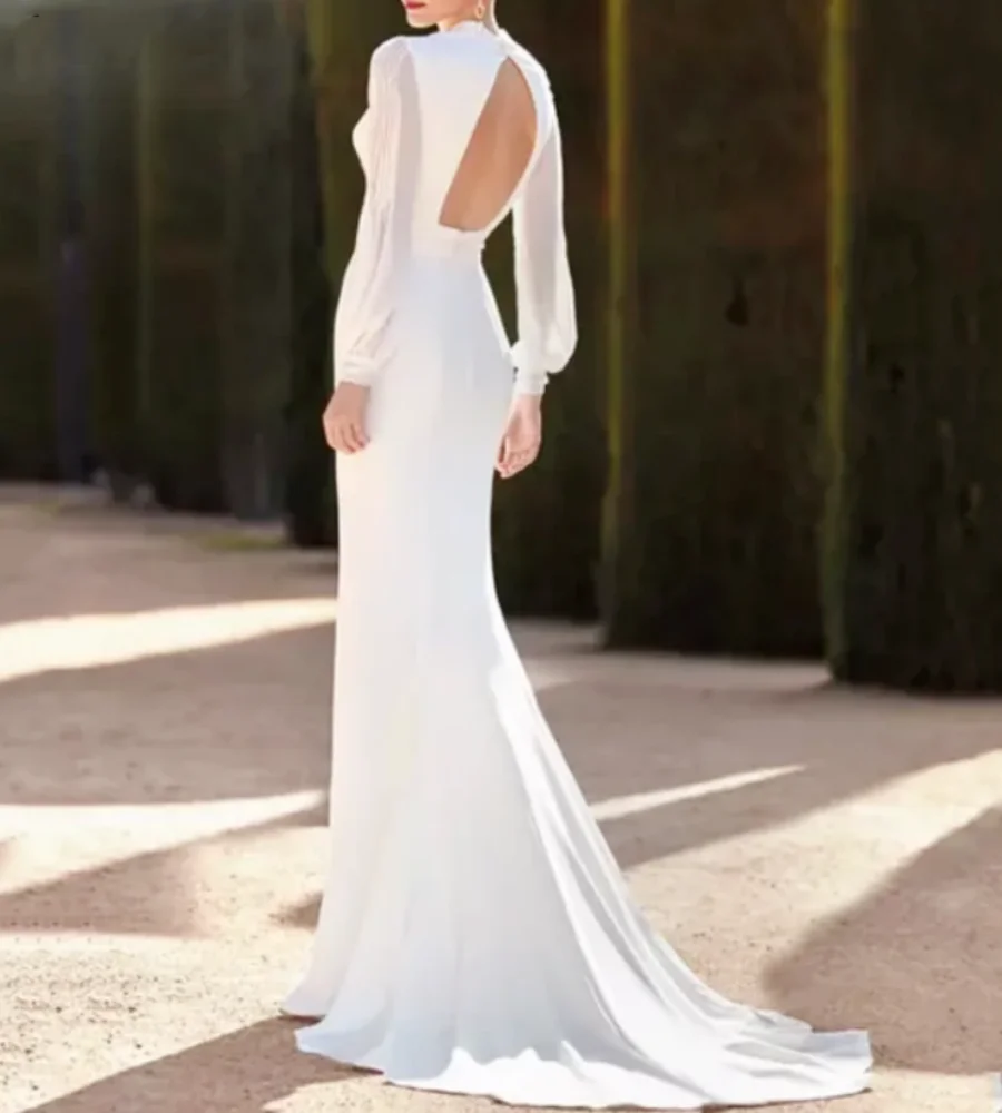 Sexy bruidsjurk met V-hals en zijsplitten Charmant uitgesneden rug Eenvoudige trouwjurken met lange mouwen Elegante vestidos de noiva
