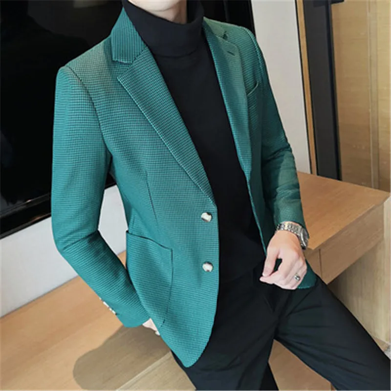 

Men Blazer Coat Slim Fit British Houndstooth Designer Casual Jacket Chaqueta Hombre Single Breasted Suit Blazer Homme Autumn