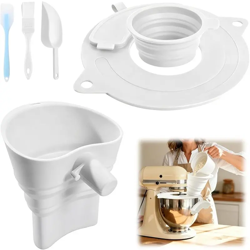 75STO-Mess Free Flour Funnel Set-Silicone Collapsible Pouring Shield Attachment For Kitchenaid Stand Mixer (4.5-5 Qt)