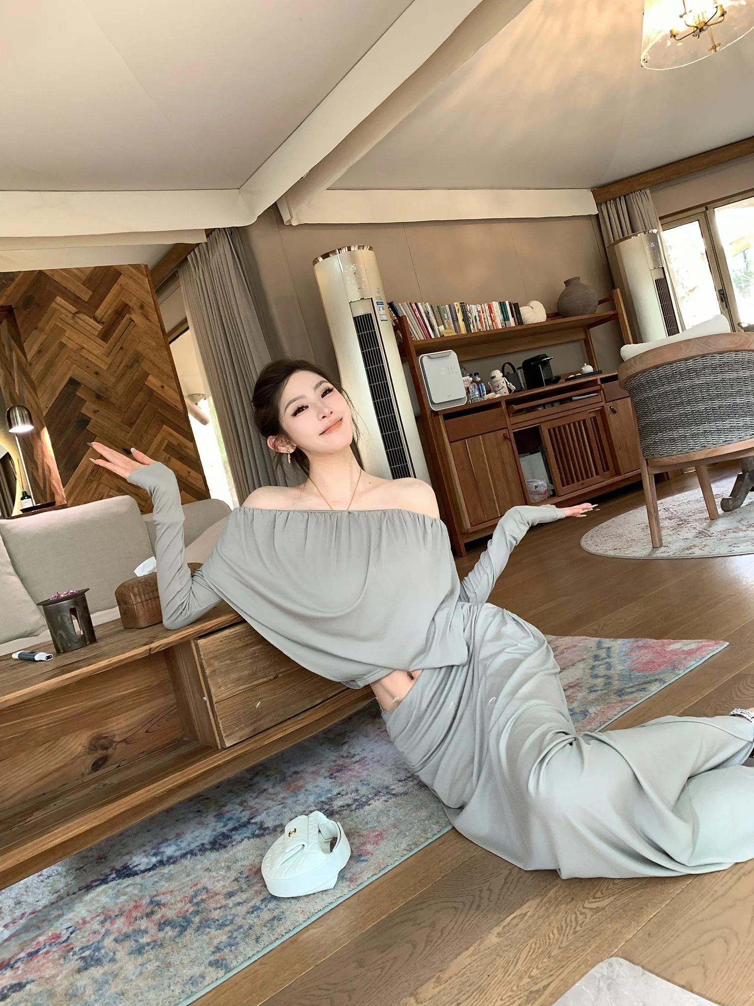 

F Project Venus Halter Neck Long Sleeve Women's Top And High Waist Skirt Split Two Piece Set Draped Gauzy Fabric