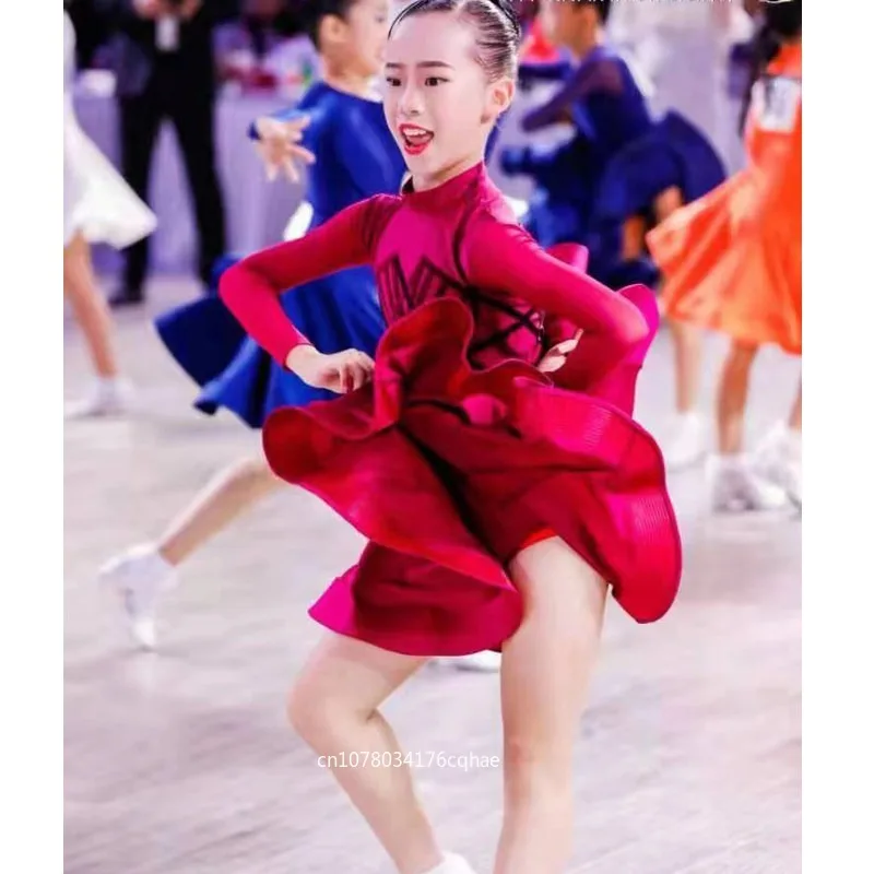 

Custom Latin Dance Costumes Girls Kids Sequin Tassel Ballroom Dancewear Children Competition Performance Dress Tango Salsa Skirt