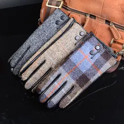 New Men's Male Wool Tweed & Leather Winter Warm Thicker Lining fashion Touch Screen Driving Short Gloves