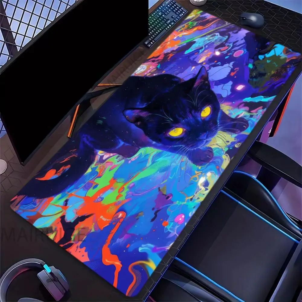 

Неоновый черный кот, художественный коврик для мыши, большой коврик для компьютерной офисной игры, настольный коврик XXL, резиновые противоскользящие коврики для клавиатуры с краями, длинные настольные коврики