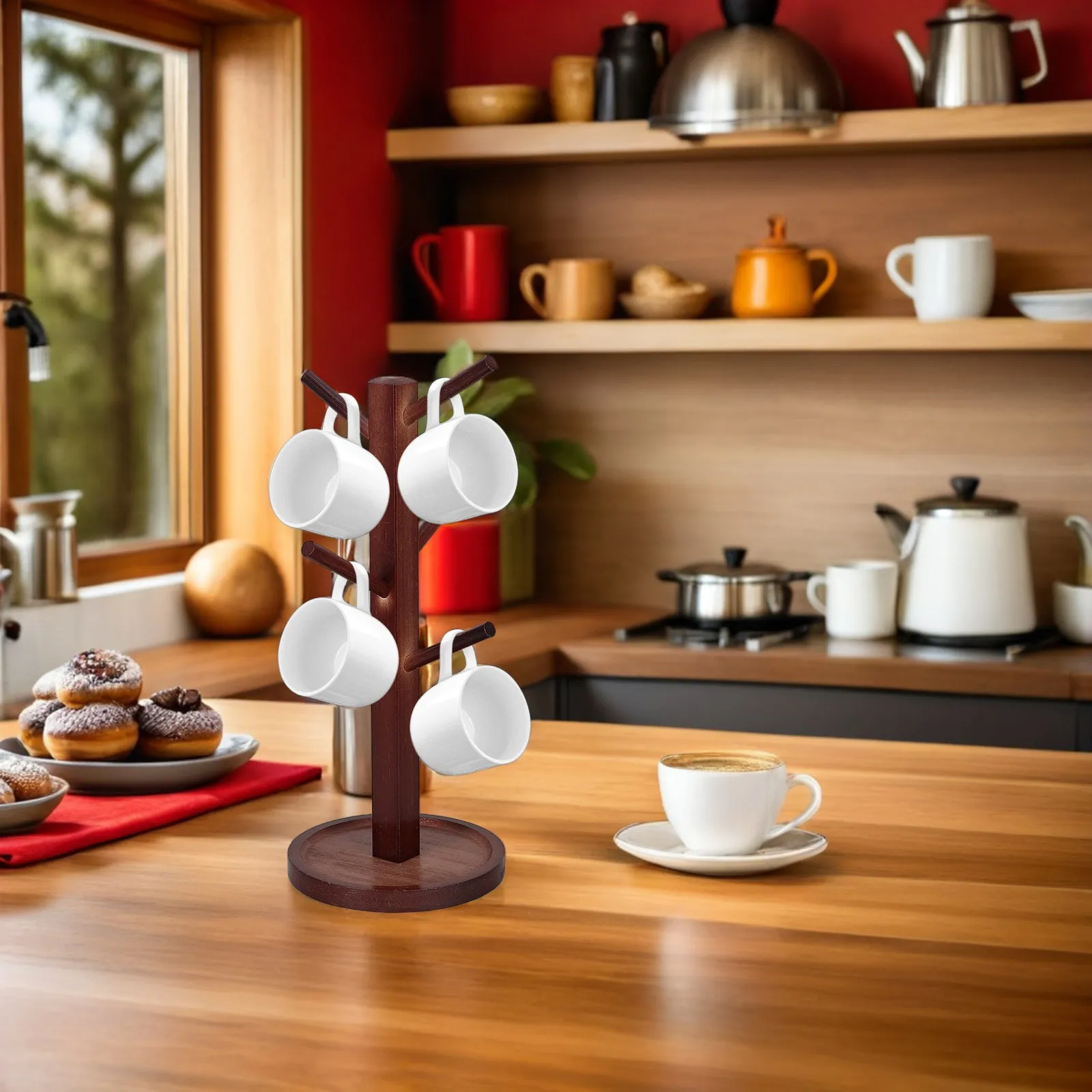 Bamboo Mug Tree Stand 6 Hooks Stable Space Saving Coffee Mug Holder Countertop Decorative Cup Organizer Kitchen Coffee Station - view 5