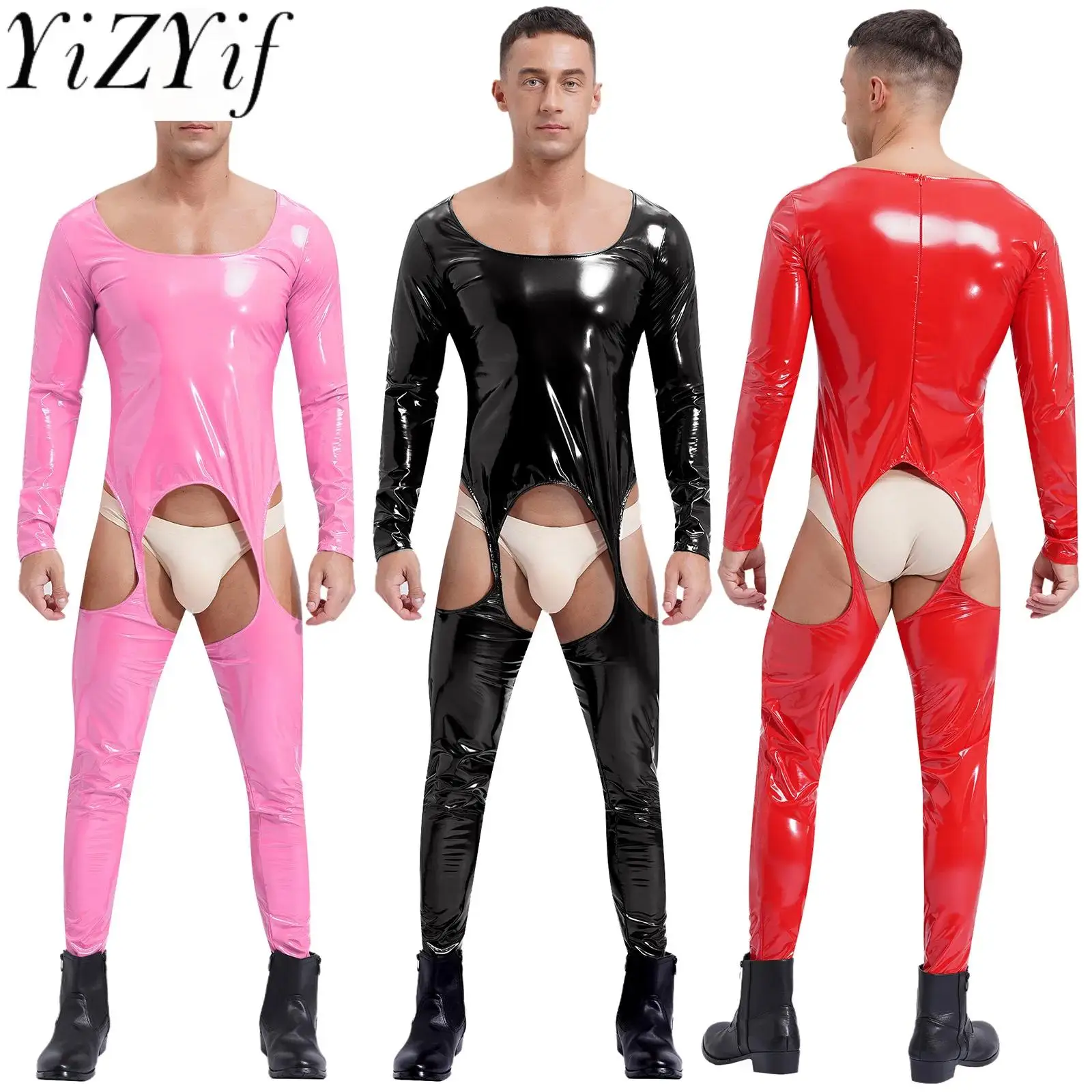 

Men Lingerie Long Sleeve Open Crotch Skinny Sexy Overalls Jumpsuit Glossy Patent Leather Full Bodysuit Rave Party Night Clubwear