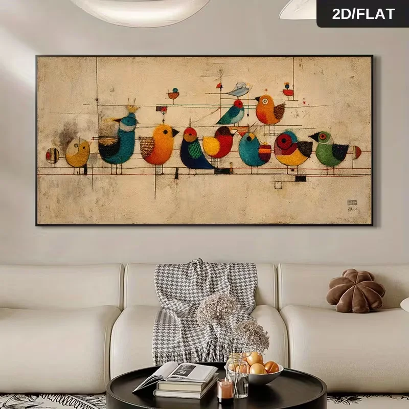 Modern Abstract Canvas Art Featuring Birds on a Wire, Measuring 27.56 by 55.12 Inches (70 by 140 Cm), Designed for Wall Decorati