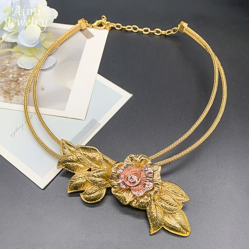 Vintage Flower Golden Choker 18K Gold Plated Jewelry Set Women Necklace Earring Bracelet Ring African Bridal Wedding Party Gifts image 2