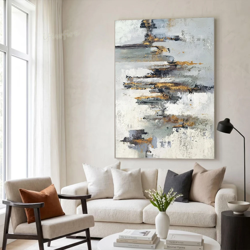Abstract Oil Painting on Canvas - Modern Handmade Black Golden Wall Art Picture for Living Room Decor Image Artwork Image Mural