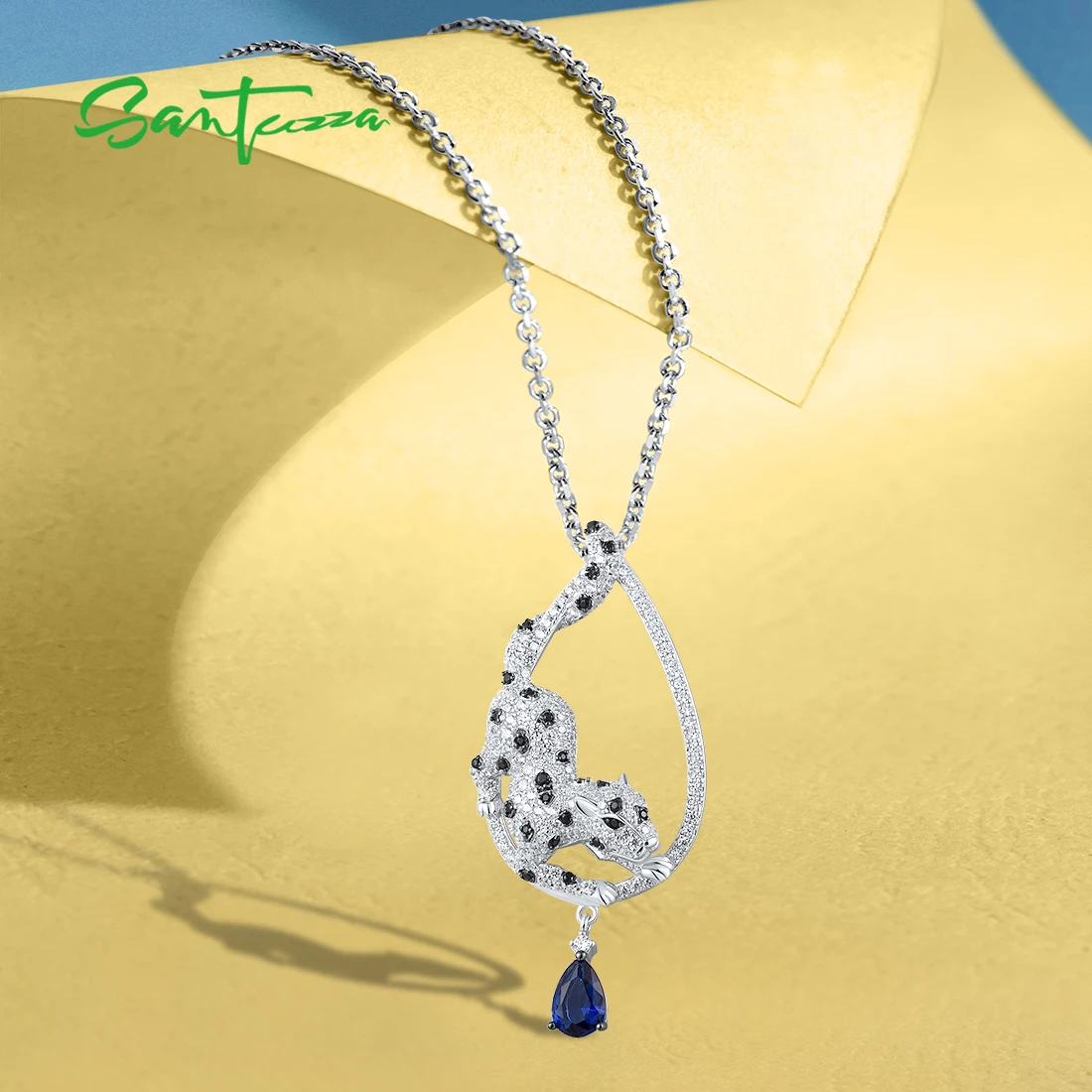 SANTUZZA Real 925 Sterling Silver Pendant For Women Sparkling White CZ Black Spinel Lovely Lapard Glamorous Gifts Fine Jewelry
