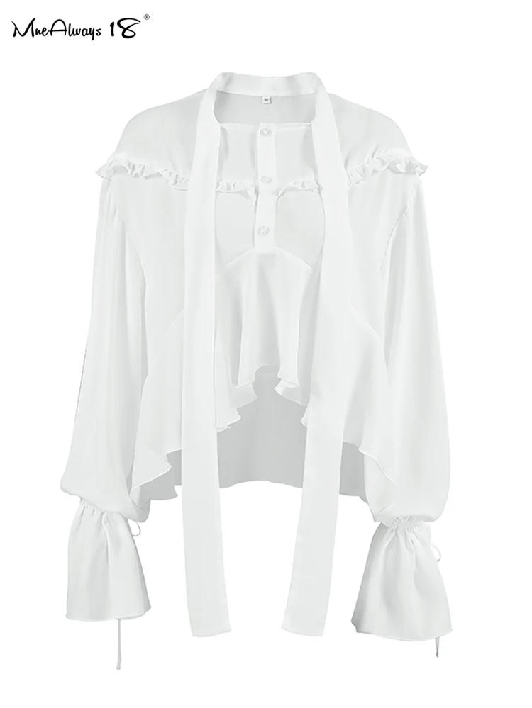 Mnealways18 Chiffon White Frill Blouses For Women Flare Sleeves Irregular Perspective Oversize Shirts Autumn 2024 Female Sunwear