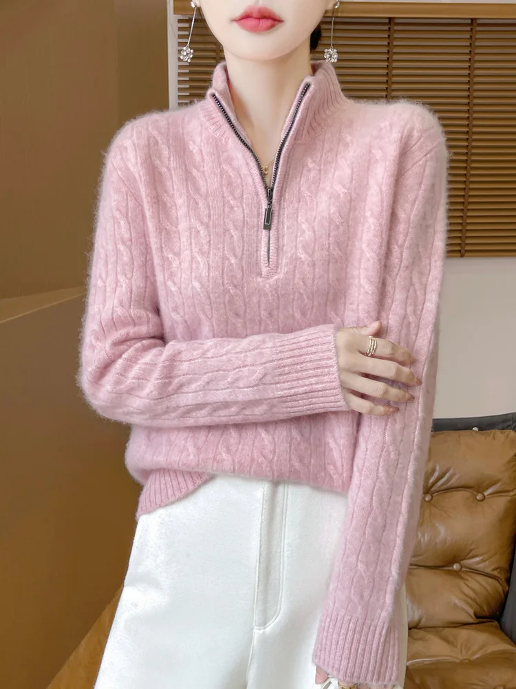 100% Merino Wool Women's Stand Up Collar Pullover Half Zipper Autumn Winter Thick Casual Fashion Knitted Cashmere Sweater