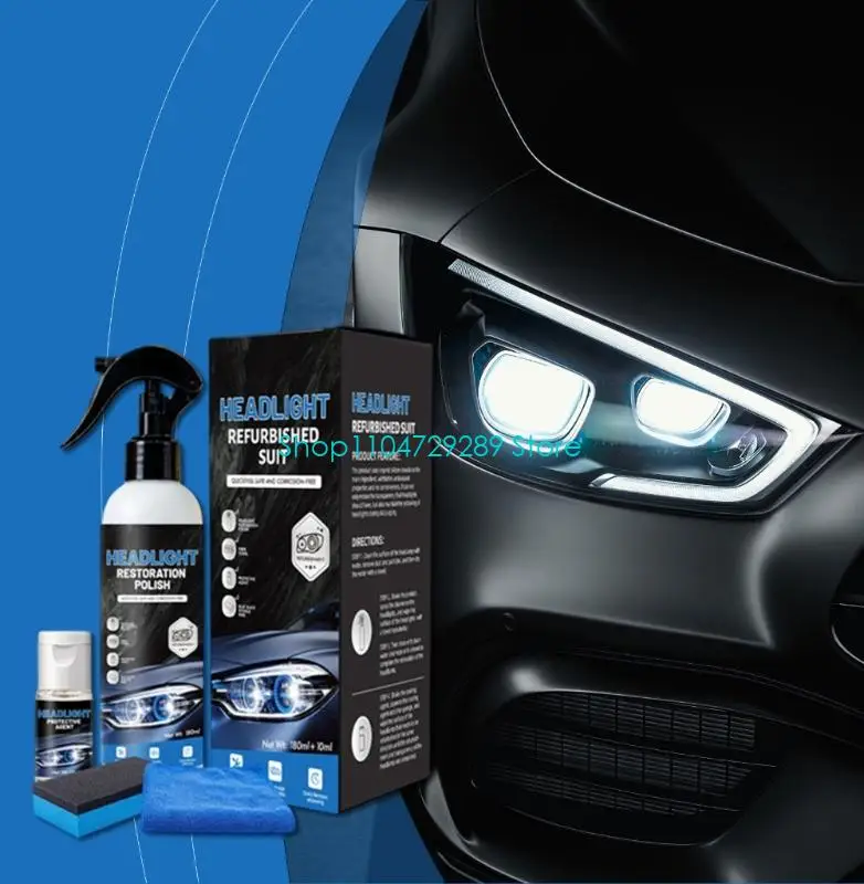 D8KE Car Headlight Restoration with 180 Solution, Cloth and Sponge for Haze Yellowing and Light Oxidation Use for Acrylic and