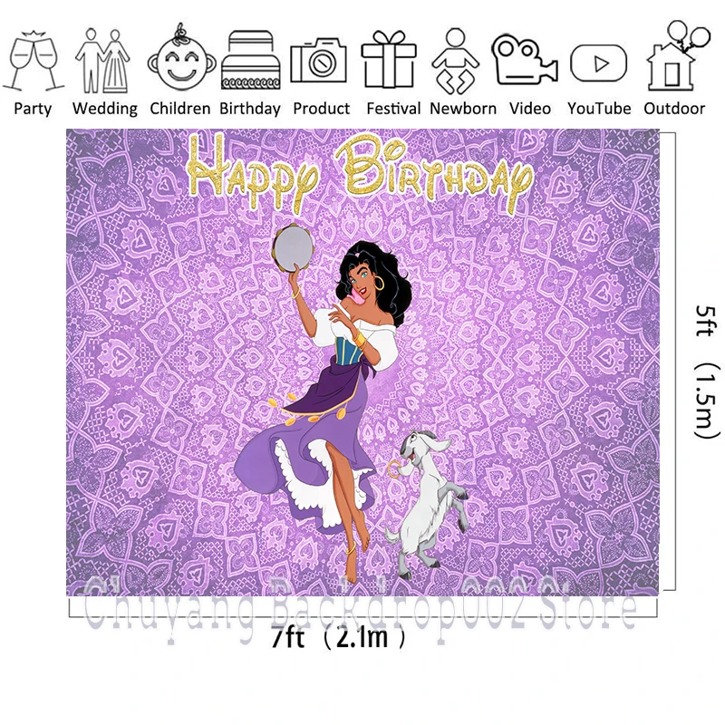 Disney CartoonThe Hunchback of Notre Dame Esmeralda Purple Backgrond Backdrops Girls Birthday Party Custom Backdrop Photography