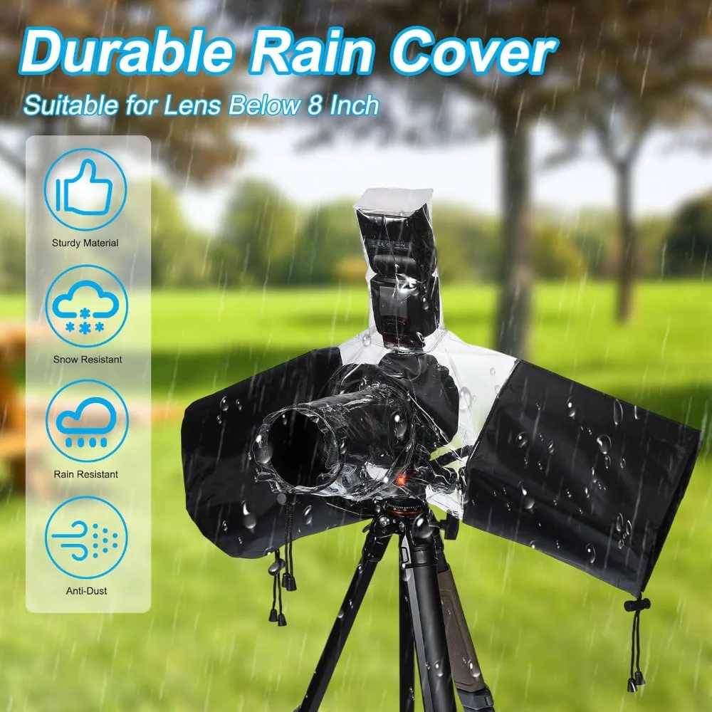 Waterproof Camera Rain Cover, Nylon DSLR Sleeve Protector with Hand Sleeves for Canon Nikon Sony, Fits Lens Up to 8"