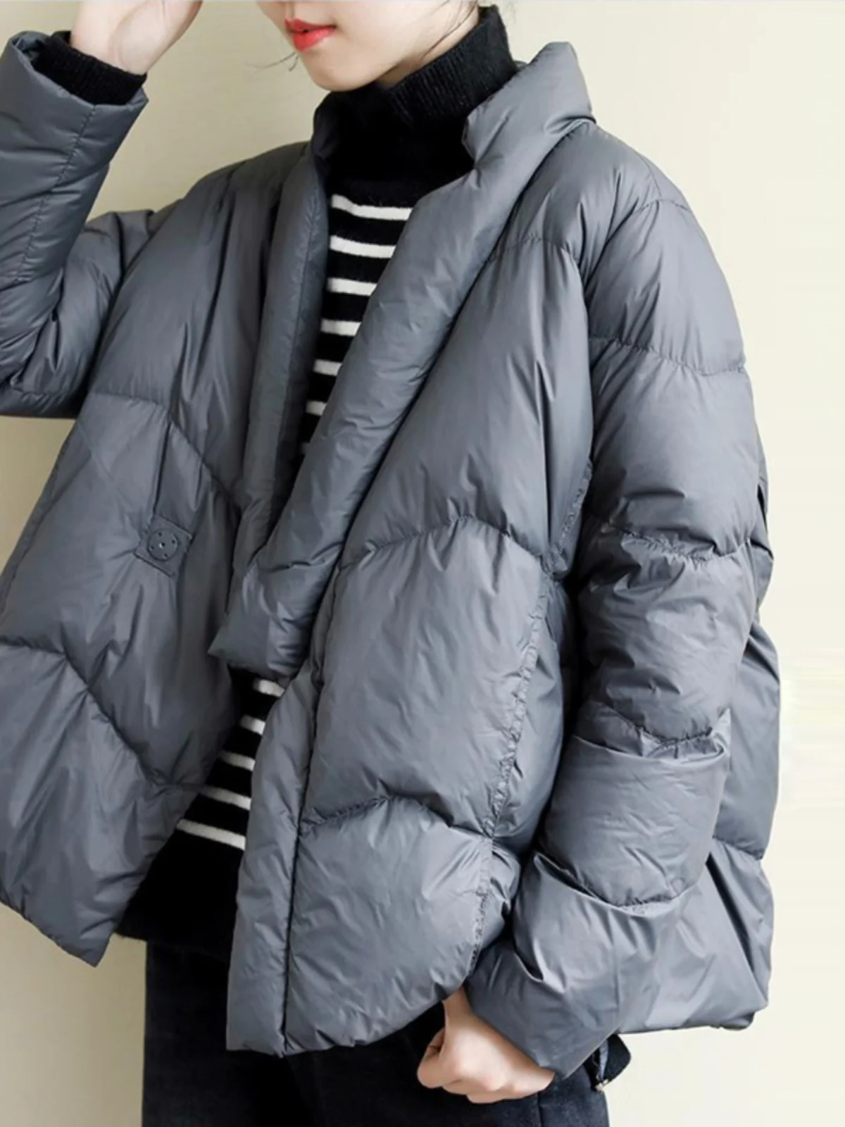 Casual White Duck down Jacket V-Neck Side Buttoning Airport Style Slimming Long Sleeve Short Coat Warm Artistic Commute Fashion