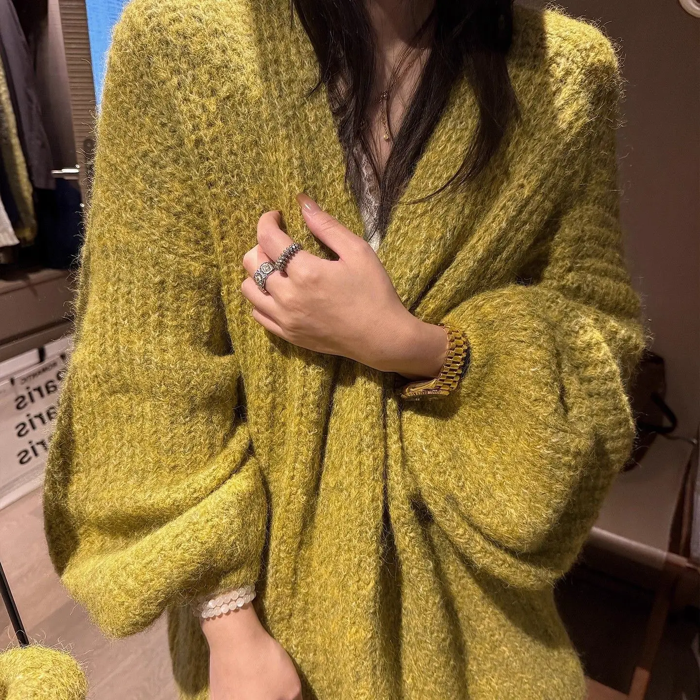 Korean  Lazy Wind Medium and Long Sweater Jacket Women's 2026 Autumn and Winter New Atmosphere Loose Knitted Cardigan Top
