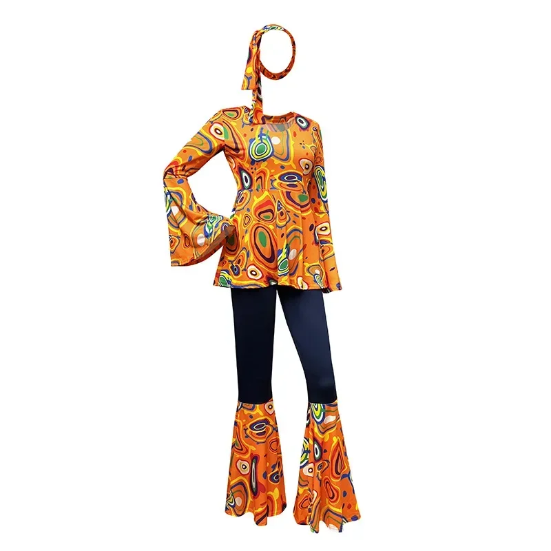 Tops estampados multicolores europeos y americanos, conjunto de empalme de pantalones que incluyen pañuelos para la cabeza, Ropa de baile para mujer 2024