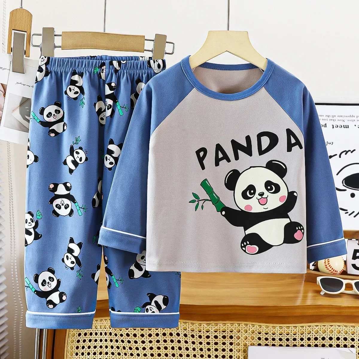 

New Boys Girls Autumn Warm Pure Cotton Pajamas Homewear Kids Cute Cartoon Panda Long Sleeve Pyjamas Baby Sleepwear Clothing Sets