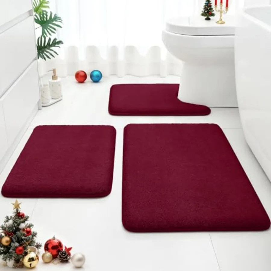 

HOMEIDEAS Модернизированный набор ковриков для ванной комнаты из 3 предметов Очень толстый впитывающий мягкий коврик из пены с эффектом памяти Моющийся коврик для туалетной ванны Бордовый Красный 17 "x 2