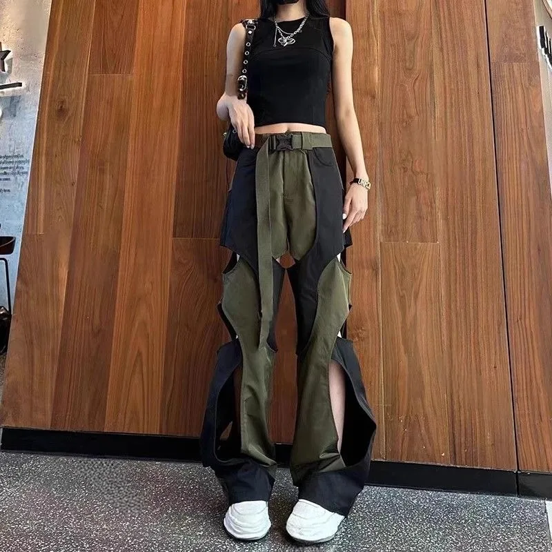Chic Women Broken Holes Cross Wide Legs Pants Black Green Contrast Hiphop Hollow Trousers Streetwear Patchwork Cargo Pants