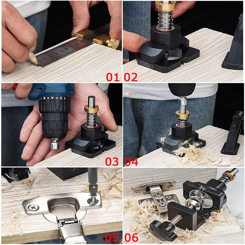 ชุดเจาะรูติดตั้งบานพับตู้ขนาด 35 มม. พร้อมตัวนำเจาะแบบแม่นยำสำหรับงานติดตั้งบานพับแบบซ่อน เครื่องมือเจาะรูสำหรับใช้ในครัวเรือน