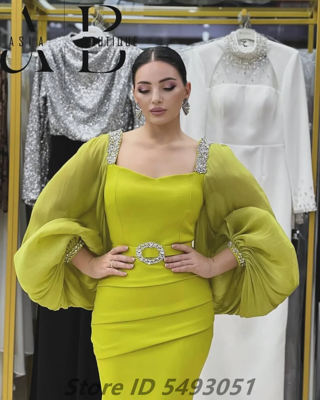 Sevintage 2025 Bright Yellow Mermaid Satin Evening Dress Wedding Party Puff Sleeve Prom Dress Saudi Arabic Party Gown Customized