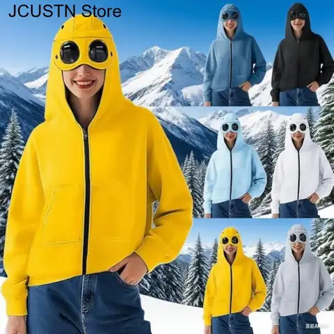 Women Men Autumn Casual Hooded Sweatshirt Trendy Zipper Up Sunglasses Hat Cardigan Unisex High Street Outdoor Jackets Y2K Top