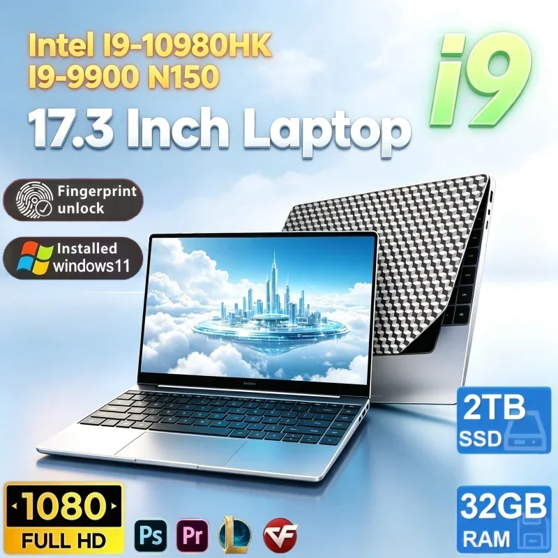 17.3'' Notebook Intel I9‑10980HK/I9‑9900/N150 Windows11 32GB RAM 2TB SSD 4K UHD Screen Fingerprint Unlock WiFi6 For Travel Daily