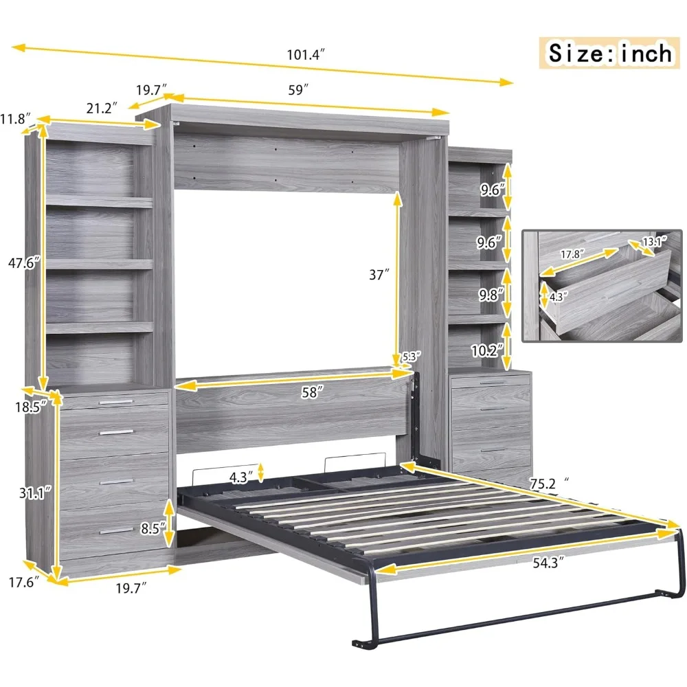 Multifunctional Full Size Murphy Bed with Storage Shelves and Drawers, Solid Wood Platform Bed Wall Bed Cabinet Bed Guest Room