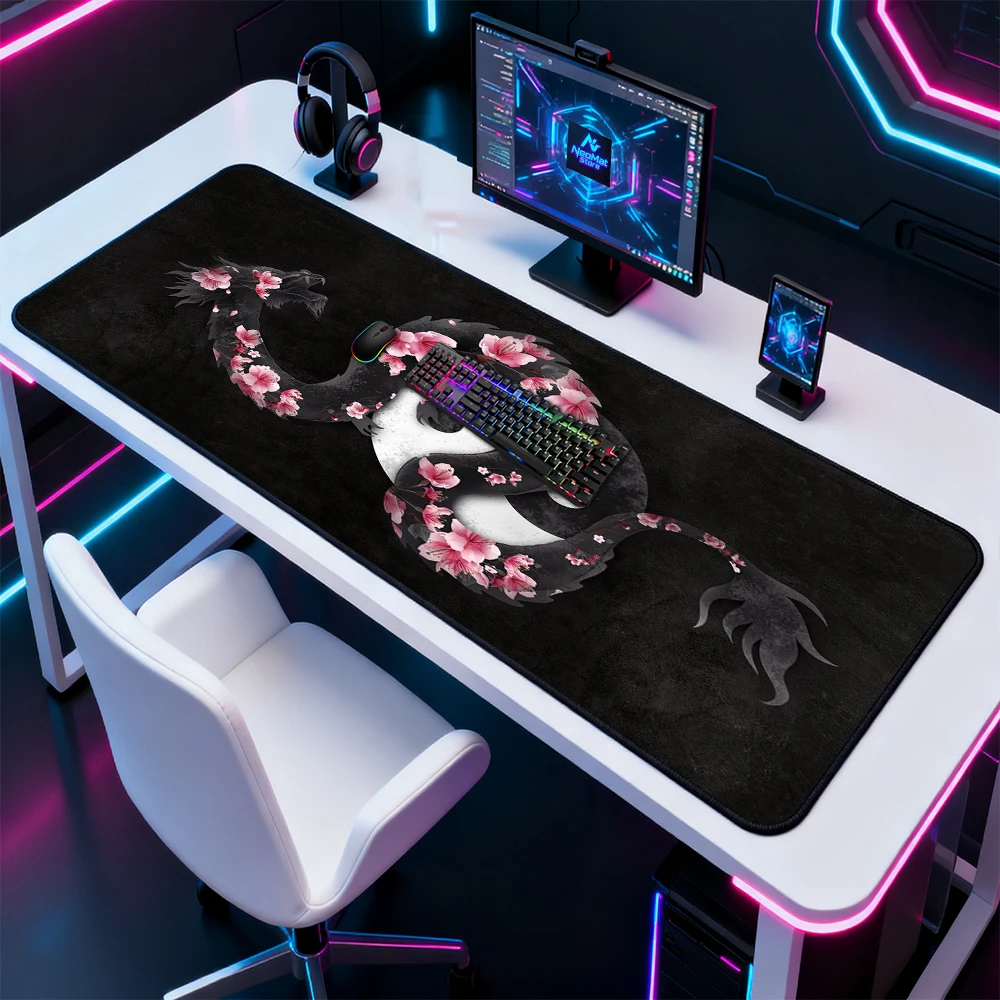 Yin-Yang Dragon Mouse Pad Sakura Dark Oriental Zen Japanese Gaming Laptop Carpet Pc Silhouette Floral Fusion Mousepad Minimalist