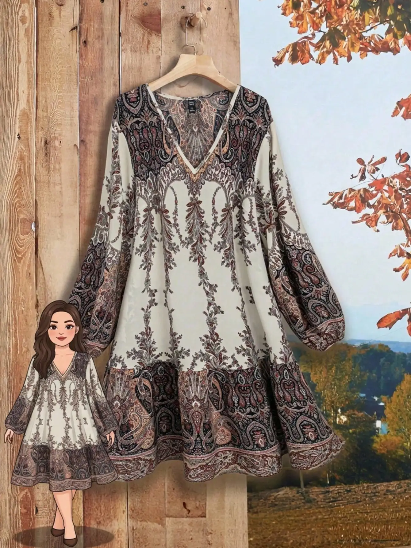 

Платье А-силуэта с V-образным вырезом и длинными рукавами с принтом в стиле бохо для женщин, повседневное, осеннее