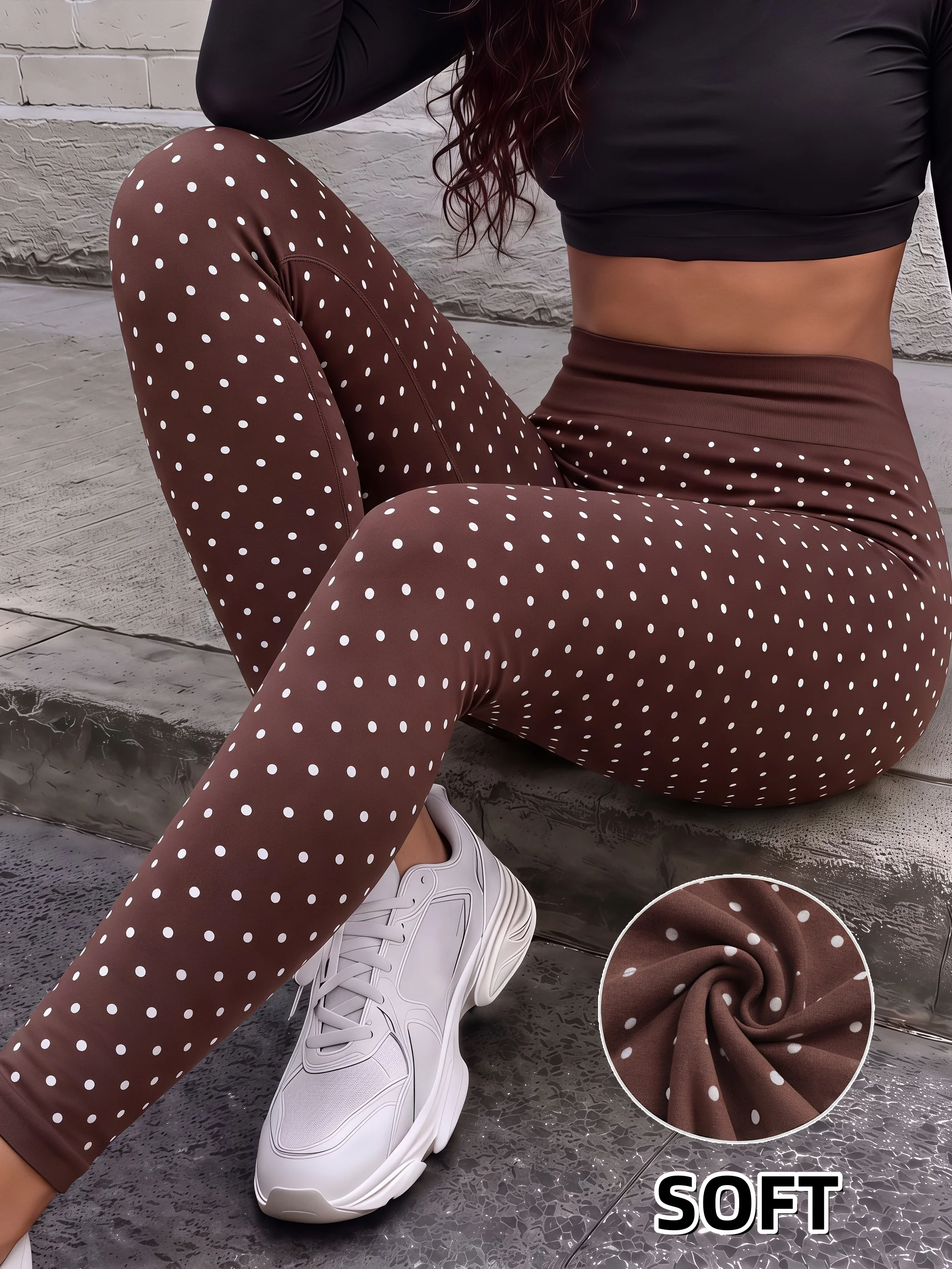 Women High Waist Coffee Polka Dot Leggings High Stretch Knit Soft Slim Hot Girl Pants Street Dating Commute Trousers