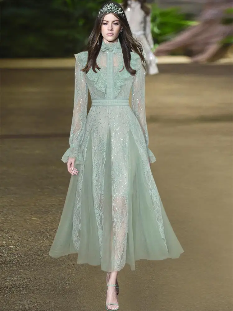 

Vertical Collar Perspective Sleeve Lady's Dress 2025 Spring Ruffled Sequins Lace Stitching Mesh Women's Long Dresses