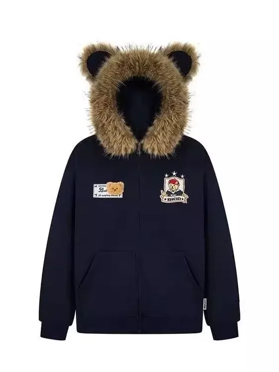 

Мужская утепленная флисовая толстовка с воротником из искусственного меха, на молнии, в американском стиле, повседневная, теплая, молодежная, модная