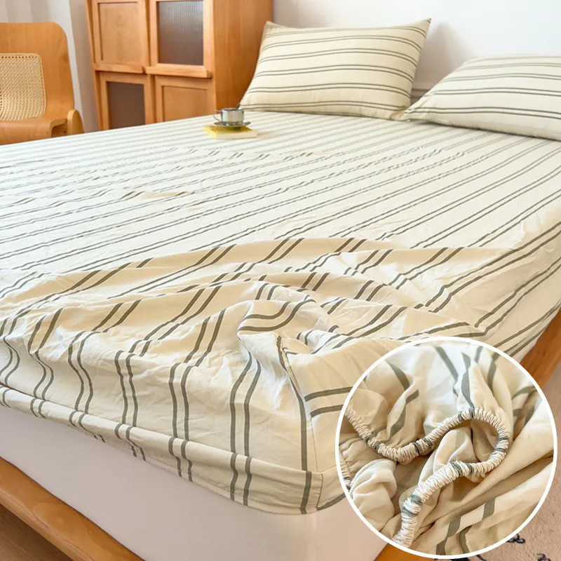 

Bonenjoy Fitted Sheet Set Stripe Style Bedsheet with Pillowcase Printed Bed Cover Home Mattress Protector простынь на резинке