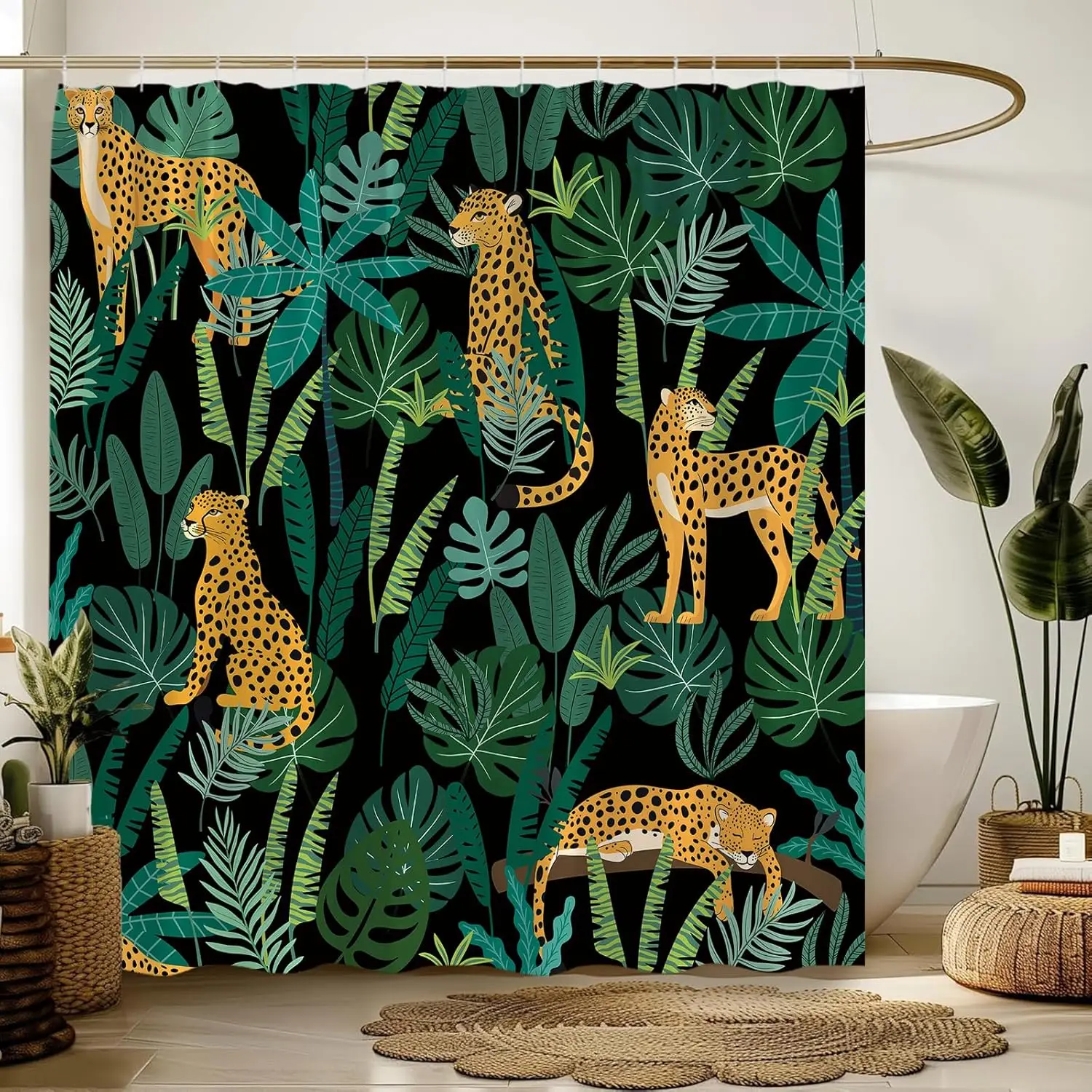 

Leopard Shower Curtain Asian Wildlife Animal Leopard Cheetah Tiger Green Topical Palm Leaf Topical Watercolor Modern Bathroom