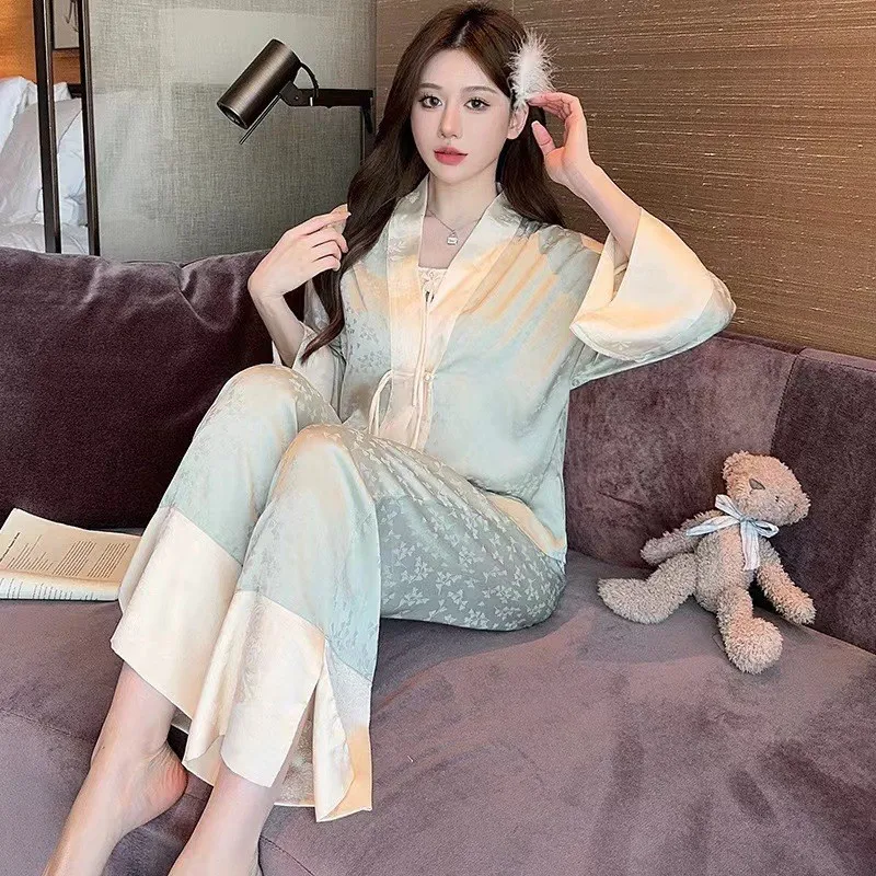 2026 Spring Summer Elegant Ice Silk Pajamas National Style Suspender 3Piece Set High-End Long Sleeve Pants Homewear Sleepwear