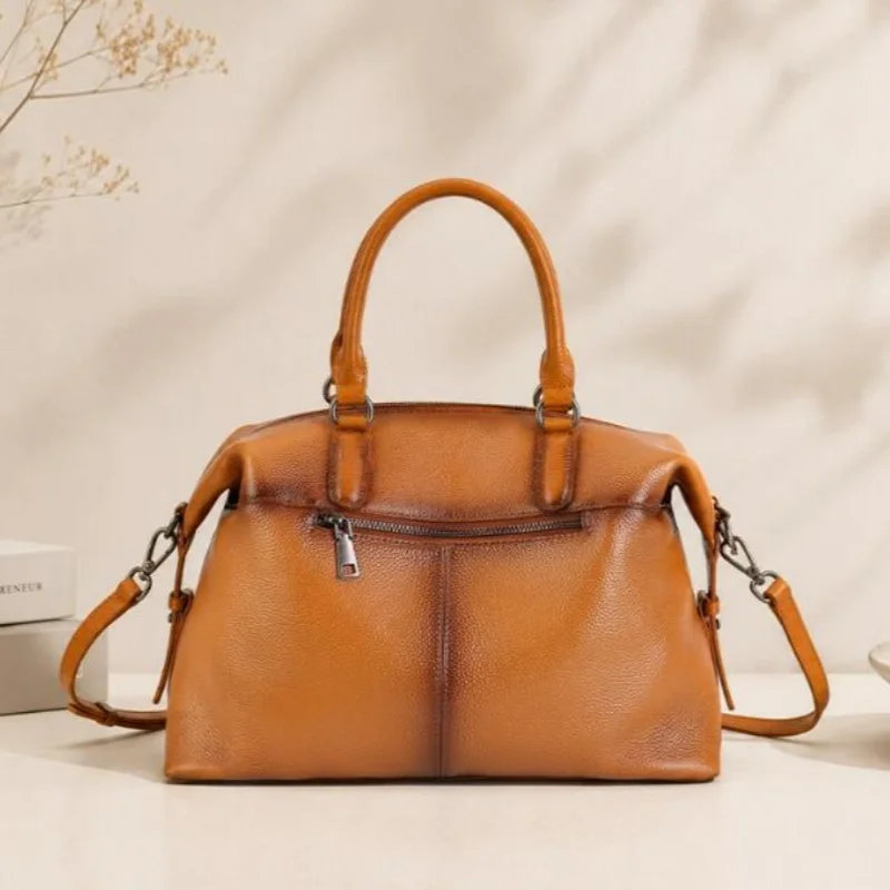 Pure Color Versatile Handbag Vintage Style Genuine Leather Leisure Shoulder Bag for Lady Top Handle Commuting Bag