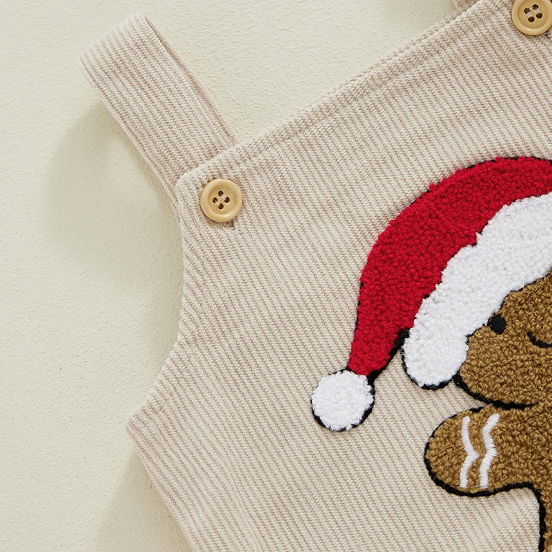 Baby Christmas Overalls Romper Gingerbread Man Christmas Hat Embroidery Sleeveless Jumpsuit