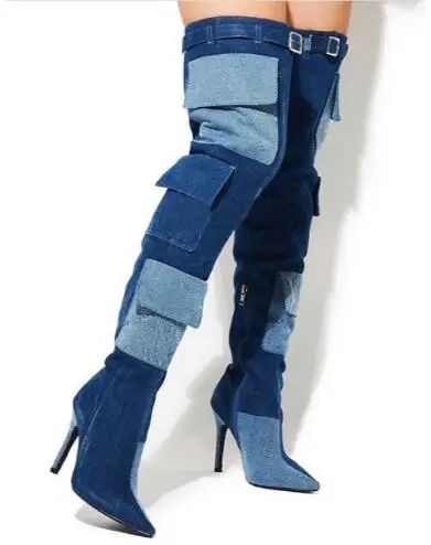 

Drop Shipping Blue Denim Patchwork Pockets Pointed Toe Thin Heels Over The Knee Boots Women Belt Buckle Long Boots Size 44