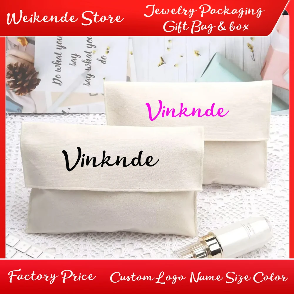 

50pcs Custom Logo Natural Thick Canvas Cotton Bags Envelope Dust Pillow Pouch Jewelry Underwear Shoe Packing Gift Bag With Flap