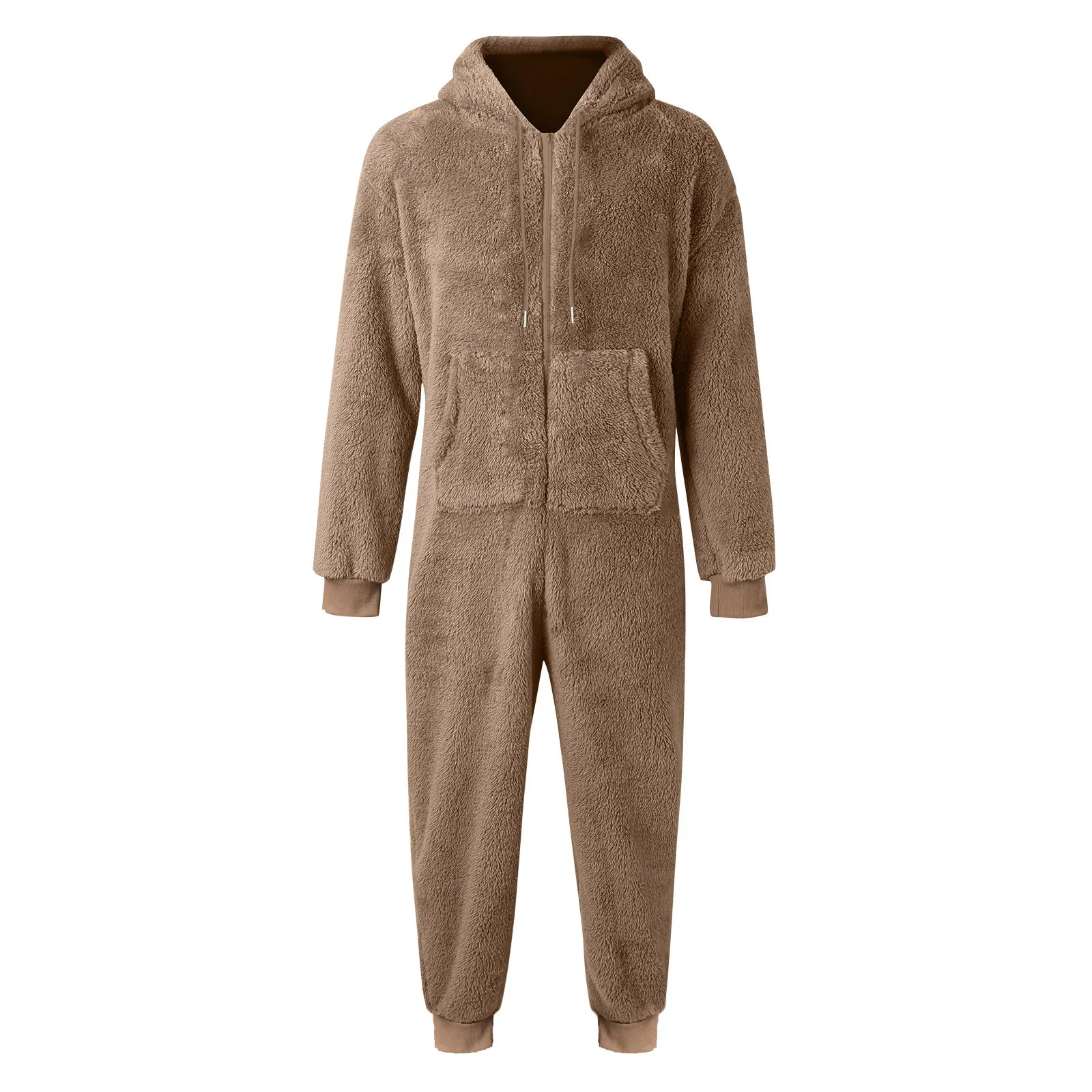 New 2025 European and American Men's Onesies with Zipper Warm Fleece Hooded Jumpsuit