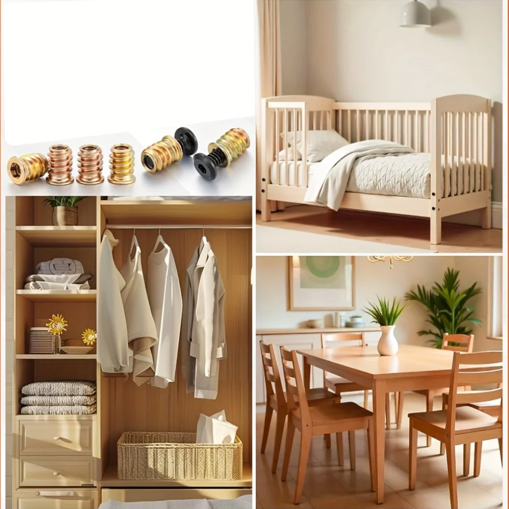 

28pcs Wooden Furniture Nut and Screw Fastener Set, Wood Threaded Inserts - M6*15 Inserts and M6*205Bolts