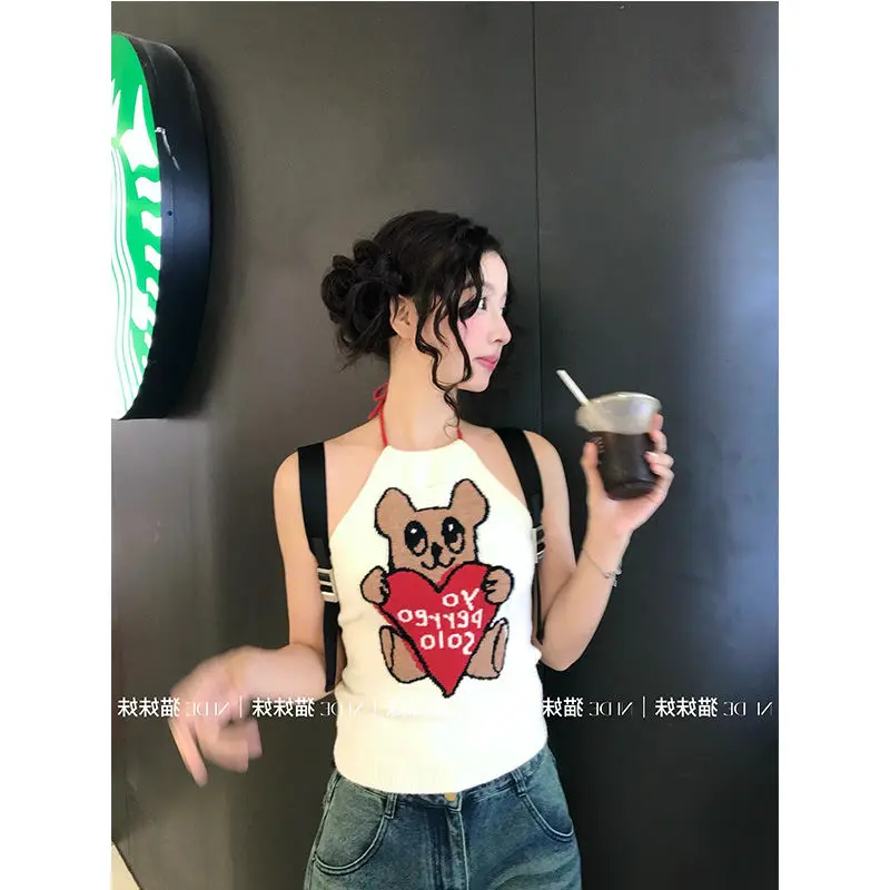 Knitwear Knit Halter Sleeveless Camis Women Bodycon Knitted Backless Top bear cute fairy grunge y2k sexy korean fashion clothing