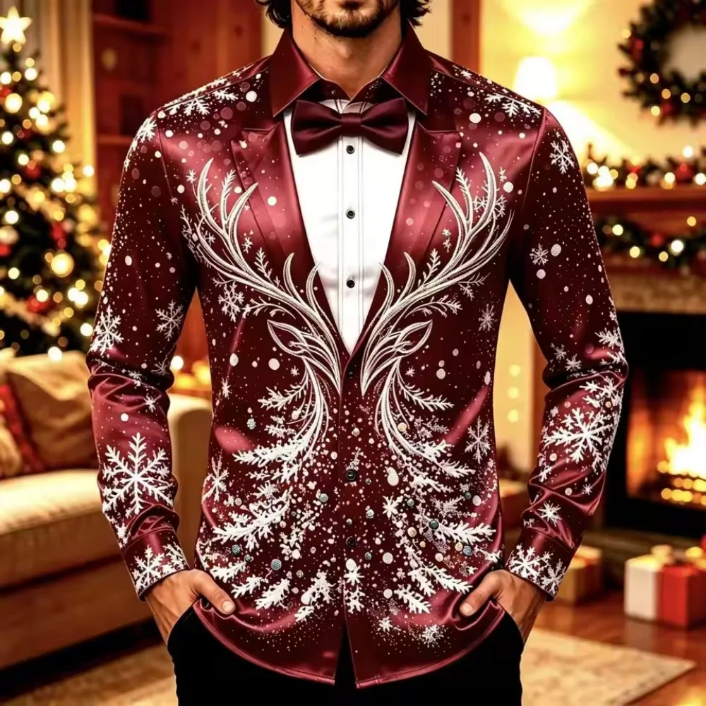 Men's Christmas Holiday Two-Piece Satin Shirts, Long Sleeve Christmas-Themed Notched Collar Print Festive Tops