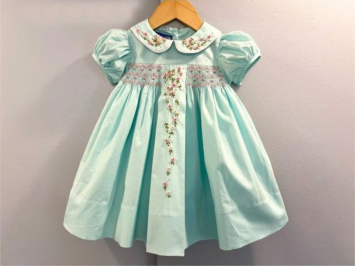 Baby Girl Green Flower Handmade Embroidery Smocked Dress for Eid Party Birthday Holiday Photography Casual