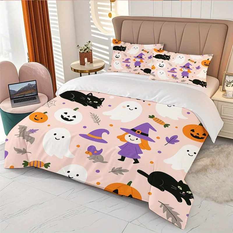 2D Flat Print Halloween Bedding Quilt Cover, Cute Witch, Pumpkin, Ghost, Cat Print Quilt Cover Set, Quilt Cover Set, Three-Piece Bed Set (1*Quilt Cover + 2*Pillowcases), Suitable for All Seasons, Machine Washable, Invisible Zipper Design, Large Double Bed Cover Set, Suitable for Home, Dormitory, Master Bedroom, Guest Room