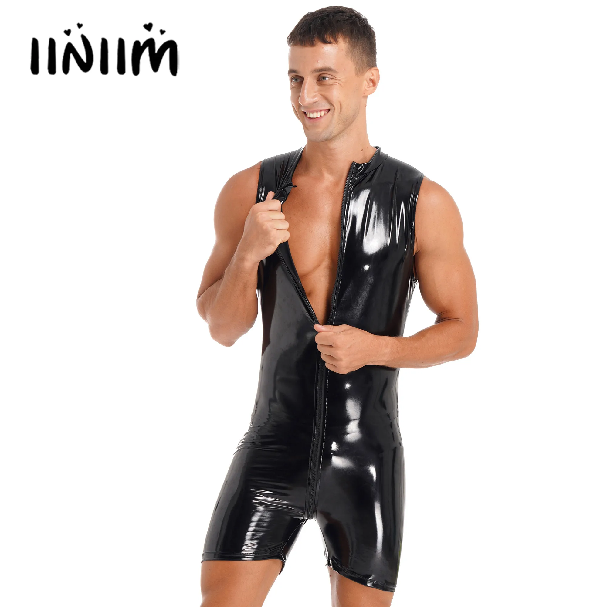 Sexy Mens Wet Look Zipper Bodysuit Rave Party Clubwear for Pole Dancing Lingerie Sleeveless Patent Leather Bodysuit Jumpsuits