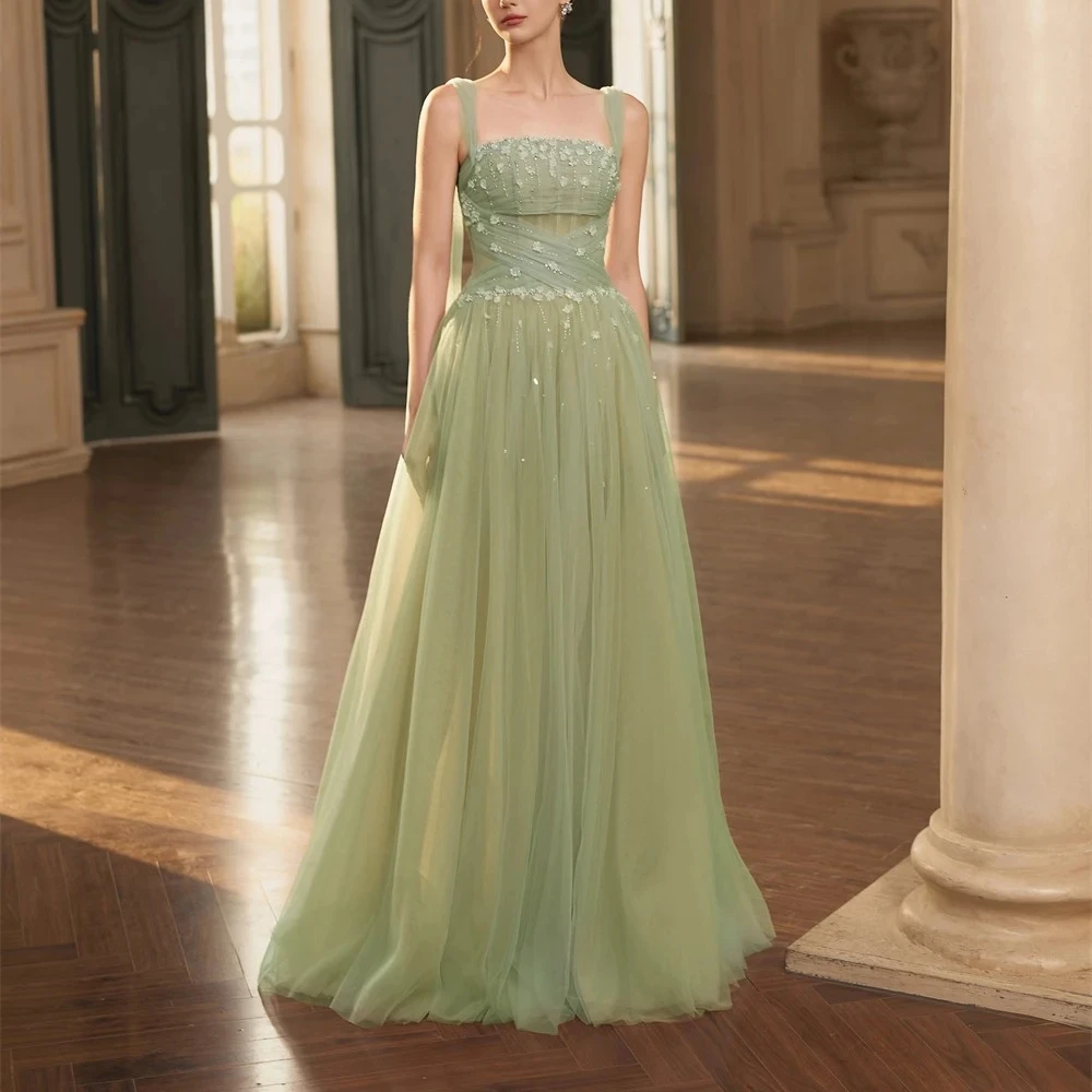 

Элегантное вечернее платье А-силуэта из тюля на тонких бретельках, без рукавов, с аппликациями и бисером, в пол, для торжественных мероприятий, на заказ, 2026