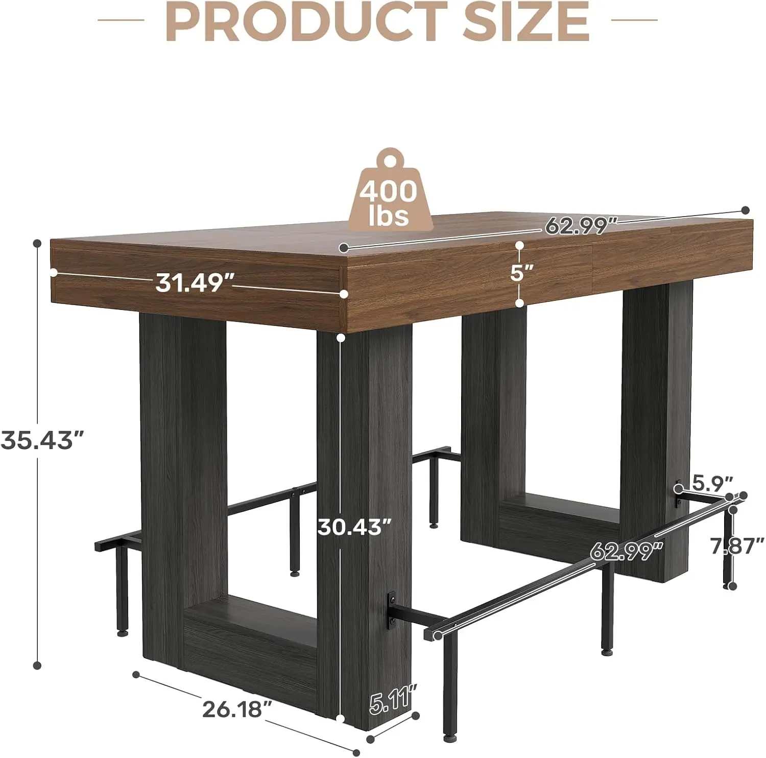 63 * 31.5 Inch Bar Table， Counter Height Dining Table，Seats 4-6 People, with Metal Footrest ，for Kitchen, Living Room, Bar(Brown